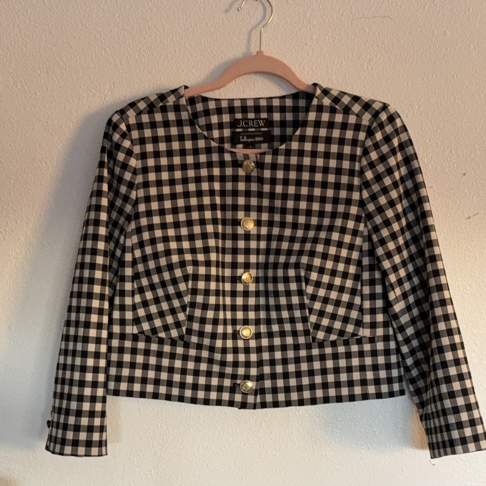 J.CREW Tollegno 1900 Italian Stretch Wool Gingham Blazer Women's 8 Black White